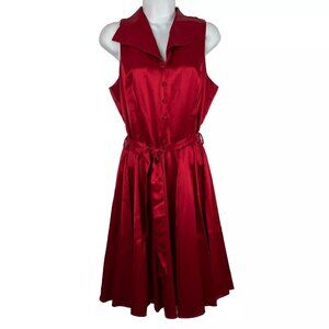 Vintage 90s Does 70s Just Choon Red Satin Belted Fit Flare Disco Dress